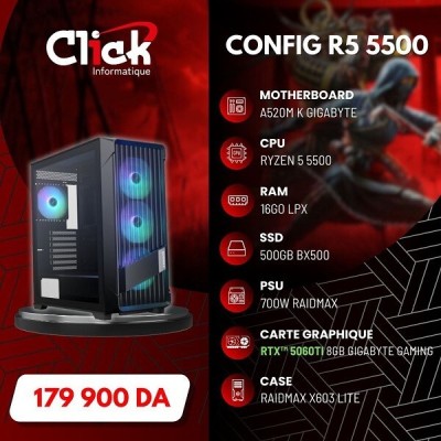 CONFIG/R5 5500/RTX5060TI 8G GIGABYTE GAMING/16GO LPX/500GO SSD BX500/A520MK GIGABYT/RX700W/X603 LITE