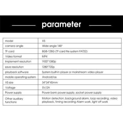 Mini caméra WiFi X5 1080P