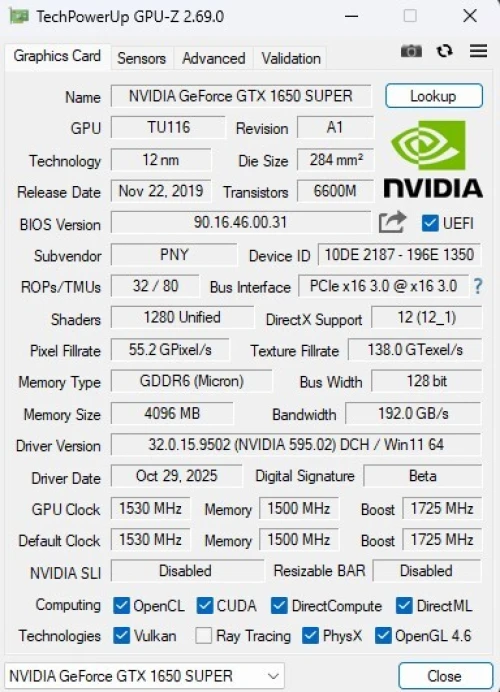gtx1650super pny edition one fan