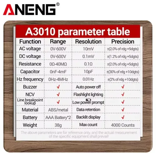 ANENG - stylo multimètre numérique A3010, type 4000 points, détection rétro-éclairé, intelligent, sans contact, tension AC 600V, outils de test NCV