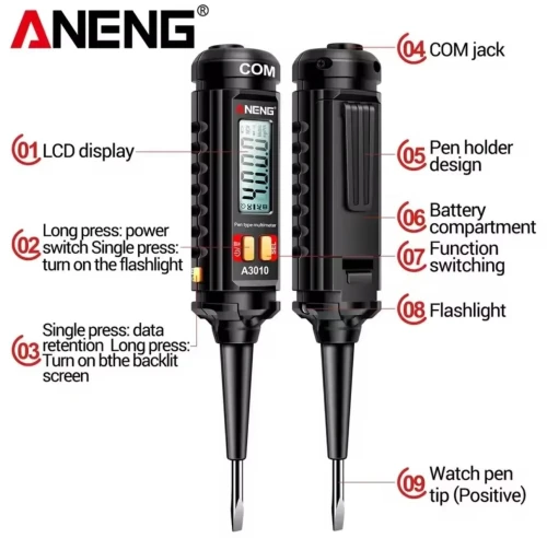 ANENG - stylo multimètre numérique A3010, type 4000 points, détection rétro-éclairé, intelligent, sans contact, tension AC 600V, outils de test NCV