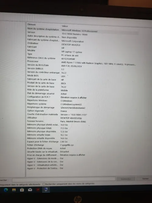 Laptop HP Windows 10 professionnel, Ryzen 7 5700U 16 Go RAM 1To SSD écran 17.3 pouces,  batterie 2h 