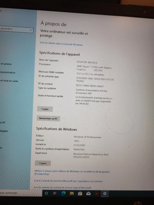 Laptop HP Windows 10 professionnel, Ryzen 7 5700U 16 Go RAM 1To SSD écran 17.3 pouces,  batterie 2h 