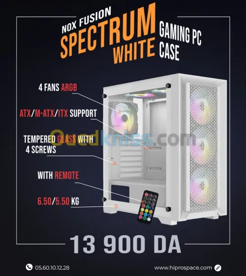 Boitier Gamer NOX SPECTRUM full White plus 4Pcs Fans M11-12cm ARGB + Controller 10 sorties
