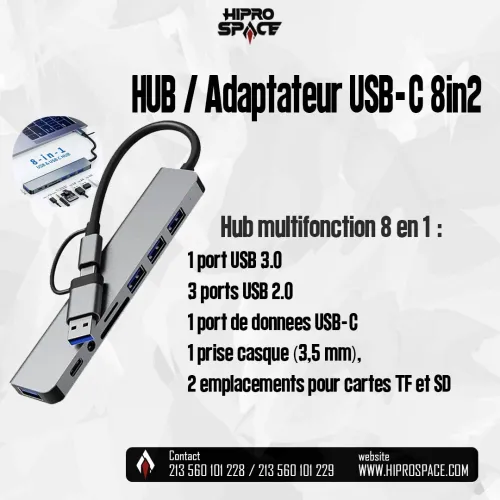 HUB USB type C / Adaptateur USB-C 8in2 