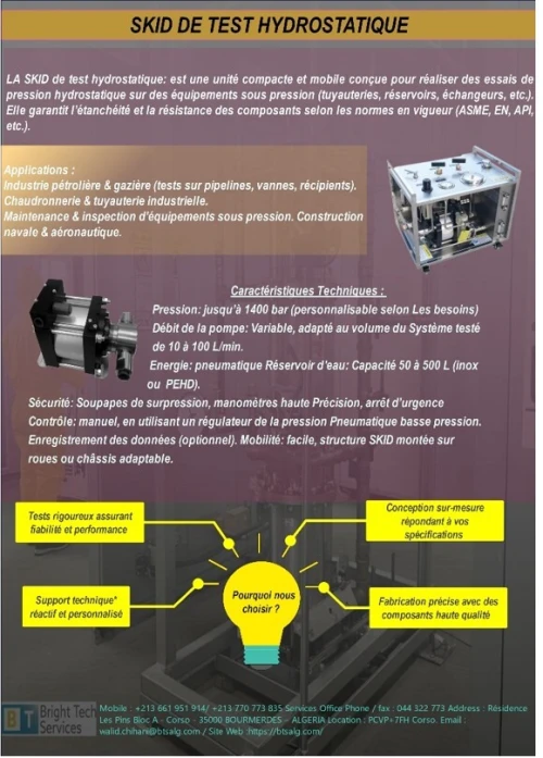 fabrication des skid d'injection inhibiteur de corrosion, tests hydrostatiques, anti-belier,