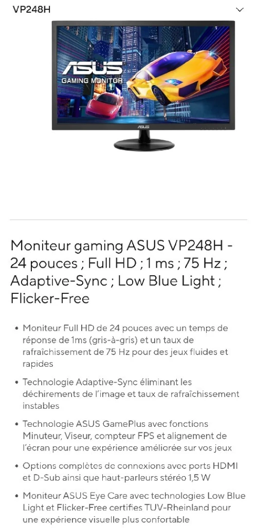 Moniteur gaming Asus 75hz 1ms