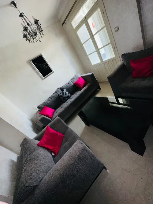 Salon avec table basse et salle a manger en hetre