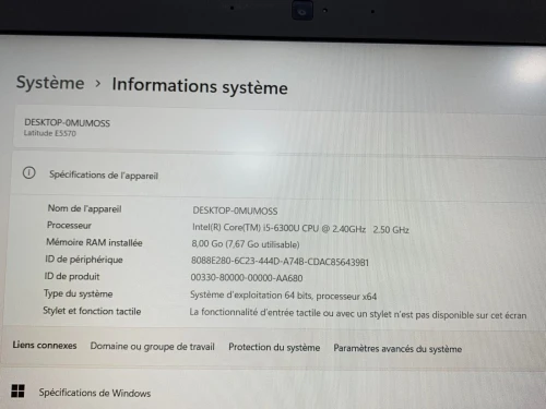 DELL LATITUDE 5580 / INTEL I5 6EME / 8 G / 256 SSD / 15.6 FHD