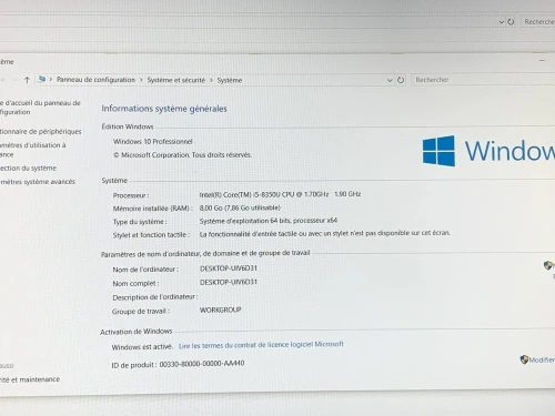 DELL LATITUDE 5500 / INTEL I5 8 EME / 8 G / 256 SSD NVME / 15.6 FHD batterie 40%