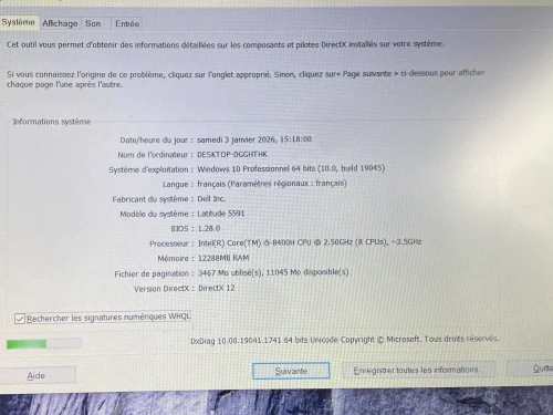 DELL LATITUDE 5591 / INTEL I5 8 EME / 12 G / 256 SSD NVME / 15.6 FHD