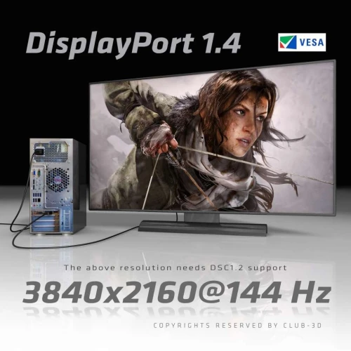 CABLE CLUB3 DCAC-1069DISPLAYPORT1.4 HBR3 CABLE MALE/MALE 4METERS/8K @60HZ 24AWG SILVER CONNECTOR