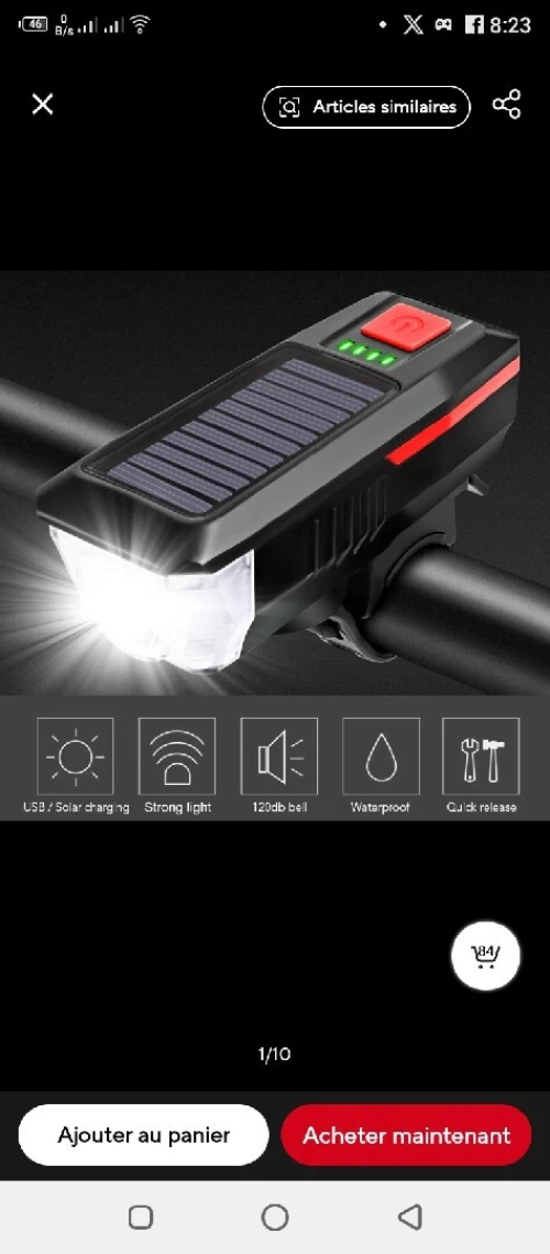 مصباح أمامي قابل للشحن بالطاقة الشمسية للدراجات مع كلاكسون صوتي قوي Lamp de vélo rechargeable au scolaire plus Klaxon de vélo au 05 modes