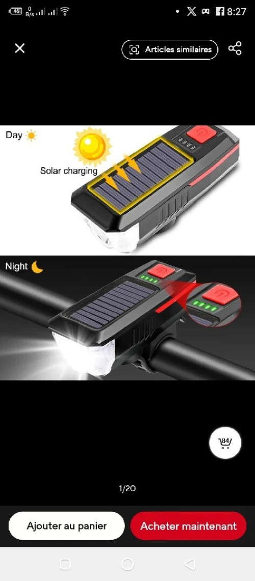 مصباح أمامي قابل للشحن بالطاقة الشمسية للدراجات مع كلاكسون صوتي قوي Lamp de vélo rechargeable au scolaire plus Klaxon de vélo au 05 modes
