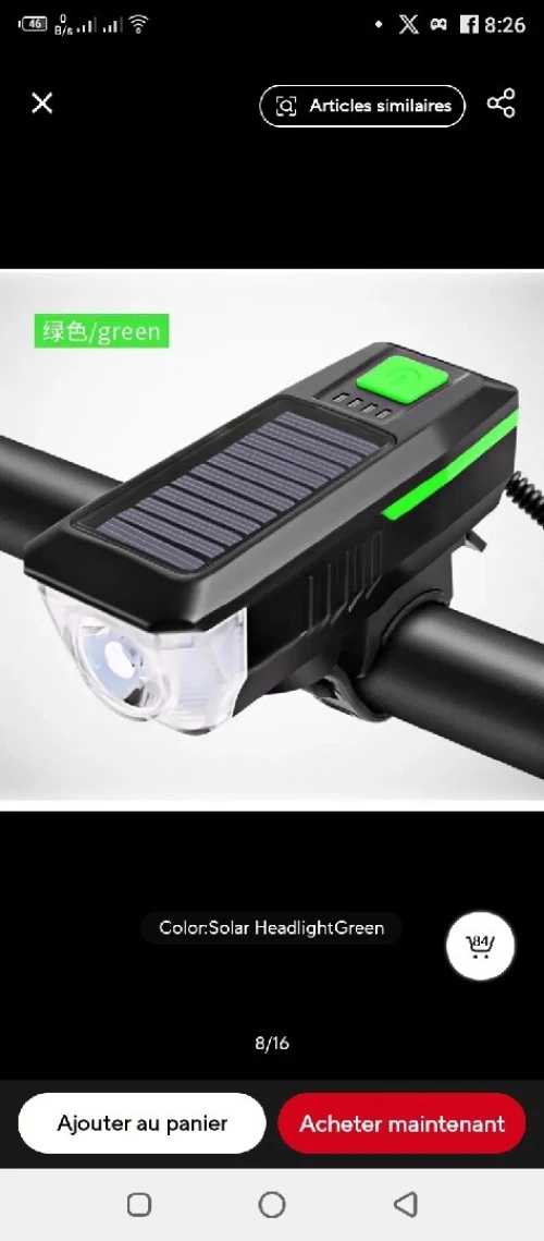 مصباح أمامي قابل للشحن بالطاقة الشمسية للدراجات مع كلاكسون صوتي قوي Lamp de vélo rechargeable au scolaire plus Klaxon de vélo au 05 modes