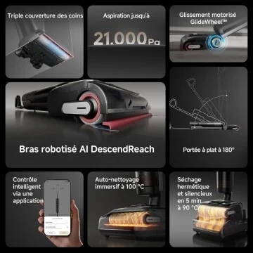 Aspirateur Laveur dreame H15 Pro 21kPa-séchage 5 Min 90C- portée à Plat 180 degrees -1h autonomie