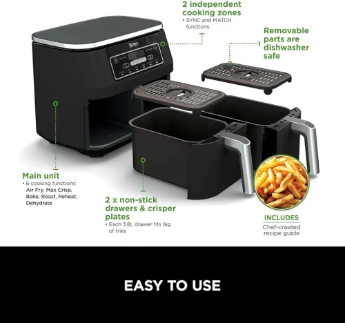 Friteuse A Air Sans Huile Airfryer NINJA , 2 Tiroirs,6-En-1 AF300EU- 7.6L - 2500W
