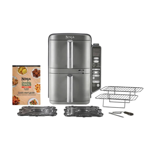 NINJA Double Stack XL Friteuse sans huile friteuse verticale à 2 tiroirs 4 niveaux cuisson 2 tiroirs et 2 grilles design compact capacité de 9,5L 6 fonctions de cuisson 8 portions gris SL400EU
