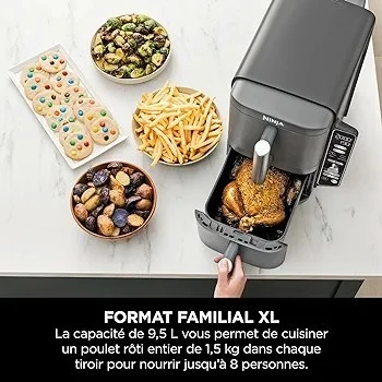 NINJA Double Stack XL Friteuse sans huile friteuse verticale à 2 tiroirs 4 niveaux cuisson 2 tiroirs et 2 grilles design compact capacité de 9,5L 6 fonctions de cuisson 8 portions gris SL400EU