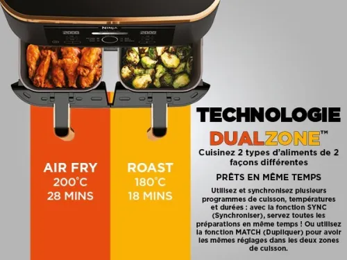 Friteuse sans huile Ninja Foodi MAX DualZone Air Fryer, 2 Tiroirs, 9,5L 6en1  Cuivre/Noir