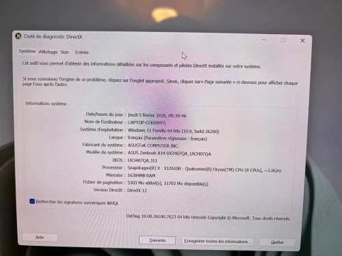 ASUS ZENBOOK A14 snapdragon(R)X-X126000_ Qualcomm RAM 16GB DDR5/DISK 512GB SSD/14 POUCE 3K OLED 60hz