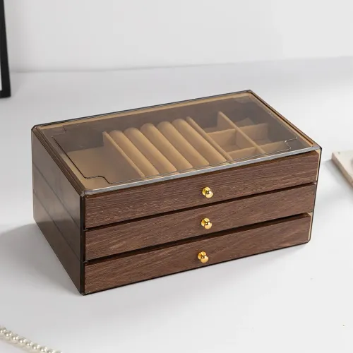 Coffret à bijoux en bois à trois niveaux très élégant couleur noyer  علبة تنظيم المجوهرات
