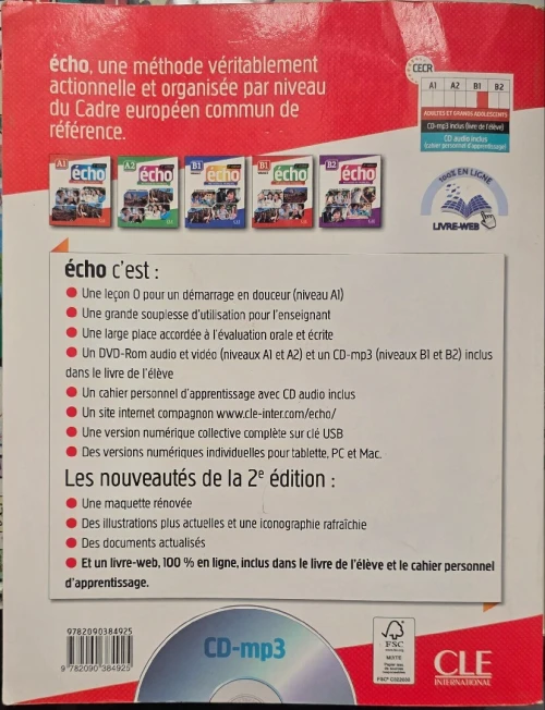 Livre de Français Écho B1 volume 2 + CD MP3 Neuf + Clé d'Activation - CLE International