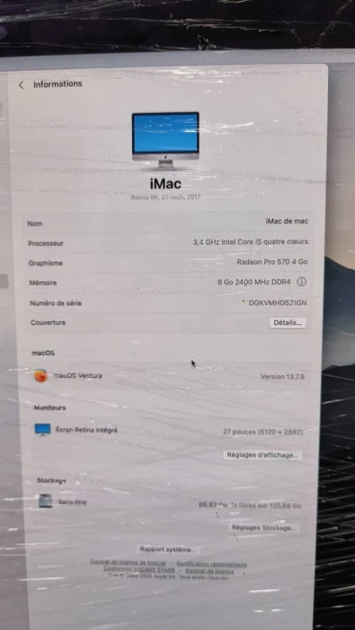 iMac 27 Pouces Ecran Retina 5k Processeur : intel core i5 Graphisme : Radeon pro 570 4Go Ram : 8Go DDR4 Stockage : 128Go SSD+ 2To HDD