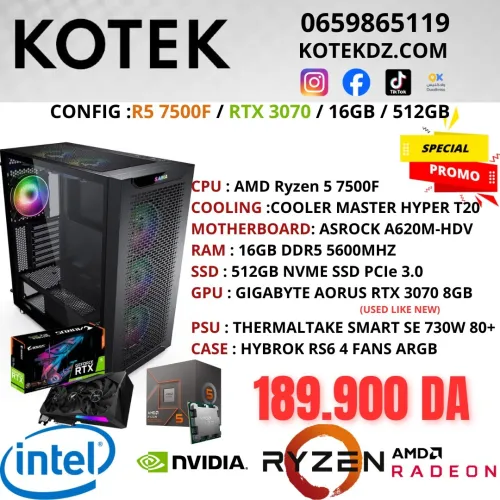 CONFIG PC GAMER - RYZEN 5 7500F / RTX 3070 8GB / 16GB RAM DDR5 / 512GB SSD