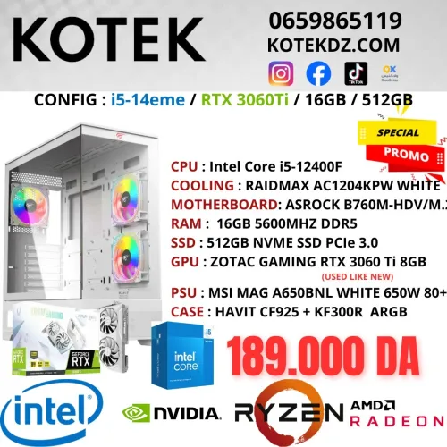 CONFIG PC GAMER - i5-14400F (14EME) / RTX 3060Ti 8GB / 16GB RAM DDR5 / 512GB SSD
