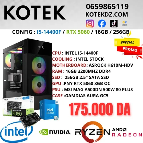 CONFIG PC GAMER - i5-14400F (14EME) / RTX 5060 8GB / 16GB RAM DDR5 / 256GB SSD
