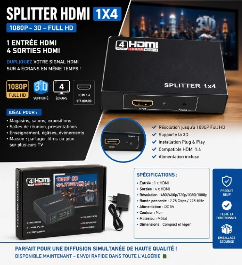Splitter Répartiteur HDMI 1 Entrée 4 Sorties 1080P & 3D Version 1.4