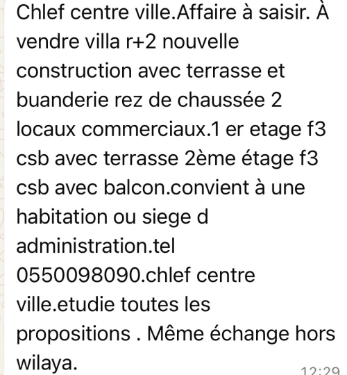 Vente Villa Chlef Chlef