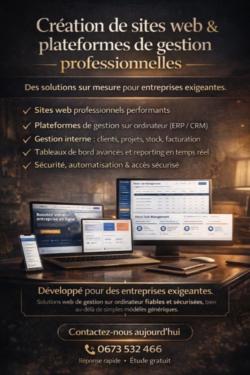 Création de plateformes sur mesure , des sites web et des ERP sur mesure pour automatiser, optimiser et faire évoluer votre entreprise.