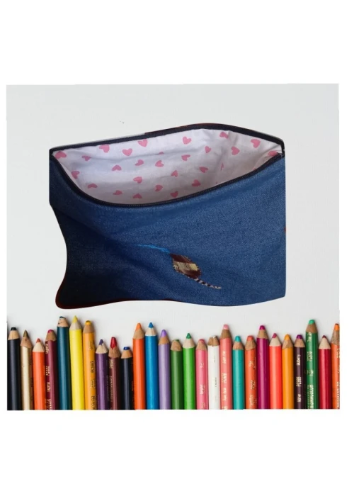 pochette en jean chat de broderie pour crayons et maquillage