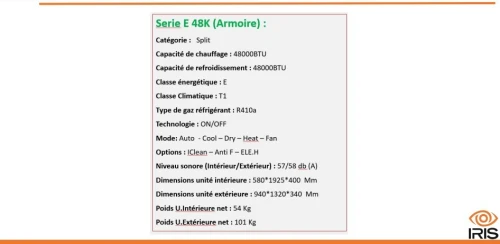 IRIS CLIMATISEUR ARMOIRE SERIE E AIR FLOW 48000 BTU