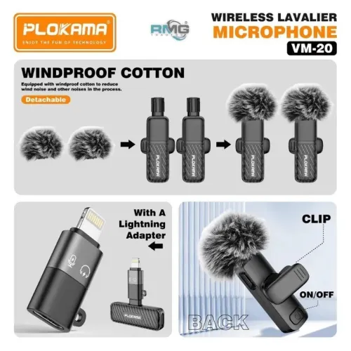 Microphone Sans Fil Double  Enregistrement Stable Plokama VM-20 2,4 GHz