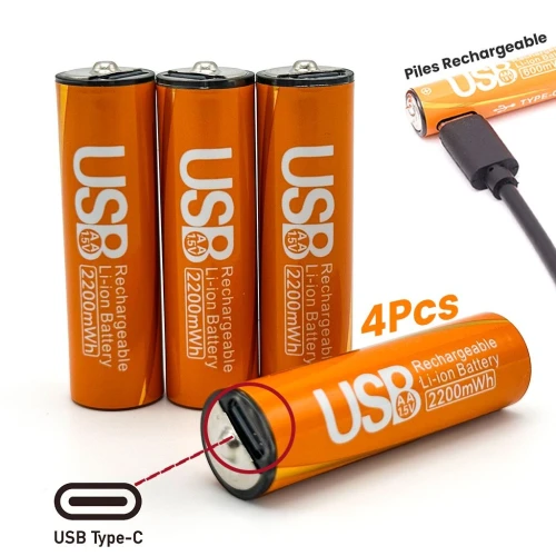 Lot de 4 Piles Rechargeables AA 1.5V - Port USB-C -2200 mAh