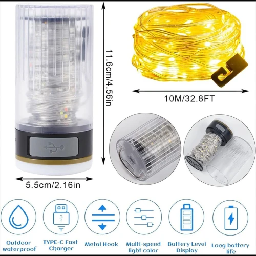 Lampe de Camping avec Guirlande Lumineuse 15m Enroulable, Ambiance Garantie !