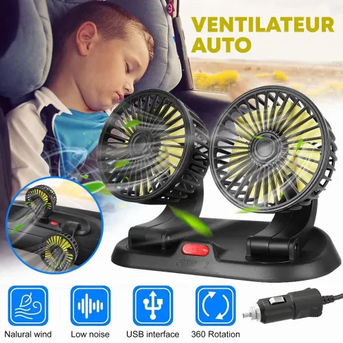 Ventilateur Automobile 12V à Double Tête  Rotation Complète