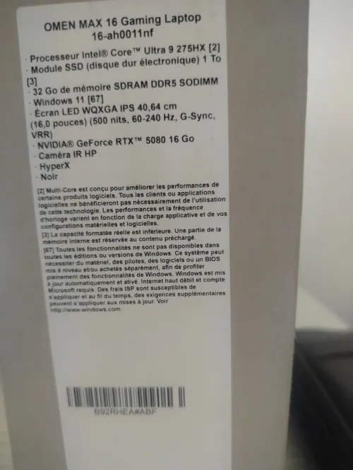 Omen 16 max laptop 5080 RTX et ultra 9 HX275 