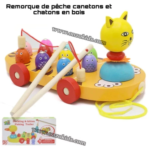 jouet éducatif Remorque de pêche canetons et chatons en bois