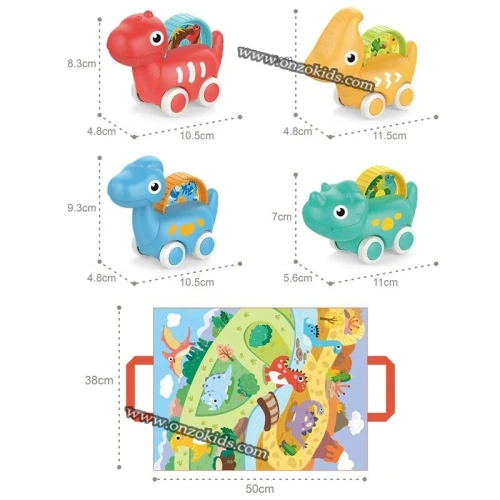 Ensemble de 4 véhicules dinosaures avec Tapis circuit - HUANGER