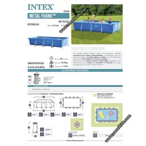 Piscine Metal frame rectangulaire tubulaire 450x 220x 84cm avec pompe de filtration - Intex