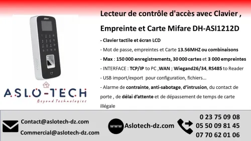 Lecteur de controle d'accès avec Clavier , Empreinte et Carte Mifare DH-ASI1212D
