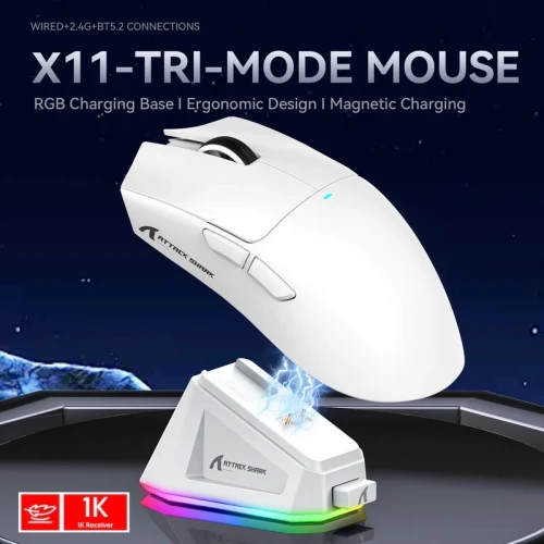 ATTACK SHARK X11 Tri Mode Mouse with Charging Dock (2.4G + BT + Wired) Black/White