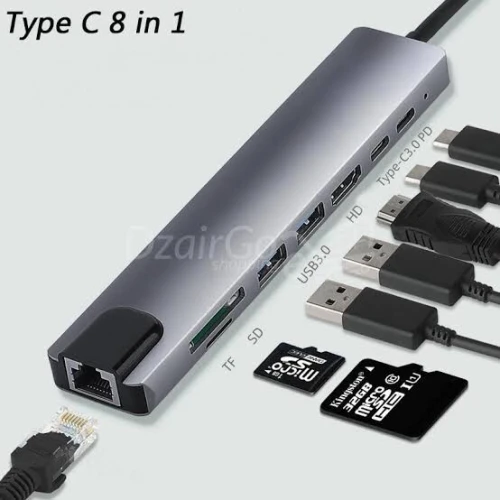 ADAPTATEUR 8 IN 1 TYPE C TO RJ45/SD/MICRO SD/HDMI/2 USB 3.0