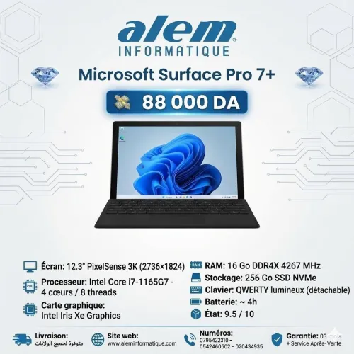 Microsoft Surface Pro 7+ / i7-1165G7 / 16 Go DDR4X / 256 Go SSD NVMe / 12.3 3K Tactile