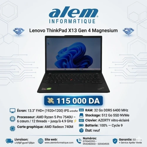 Lenovo ThinkPad X13 Gen 4 Magnesium / Ryzen 5 Pro 7540U / 32 Go DDR5 / 512 Go SSD / 13.3 FHD+