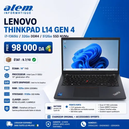 LENOVO THINKPAD L14 GEN 4 / i7-1365U / 32Go DDR4 / 512Go SSD NVMe